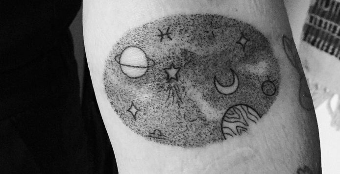 Tea Leigh, tattoo, tattooist, tattoo artist, tattoos, space, space tattoo, moon, stick and poke, stick n poke,